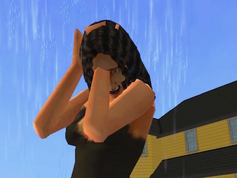 Art by Stacia Yeapanis. A computer-generated image of a white woman with dark hair leaning forward as if she is holding her head in her hands, except her left hand is pushing through her face. The sky behind her is blue and streaked with rain. The art is in the style of The Sims 2, a simulated reality computer game.
